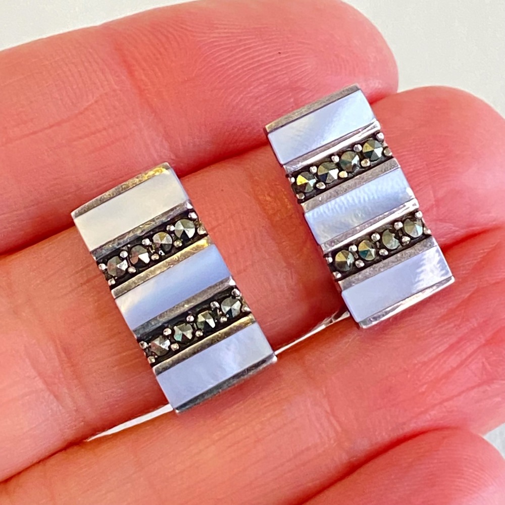 Vintage Sterling Silver Earrings Marcasite Blue Mother of Pearl Clip On Signed